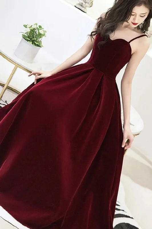 Vintage Lace Evening Dress -Velvet Straps V-neckline Party Dress, Long Burgundy Prom Dress Evening Dress C1734