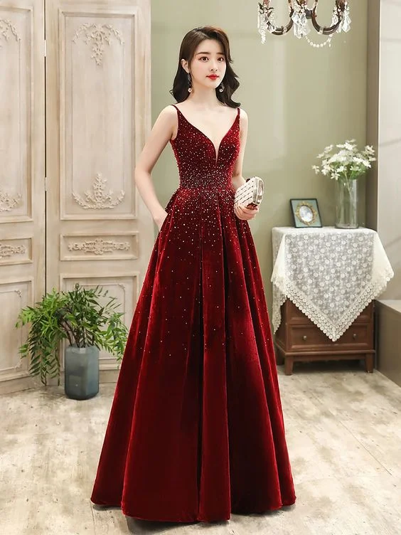 V-Neck Purple Evening Dress -Wine Red Velvet Straps Long Evening Dress, Floor Length New Style Prom Dress, Paty Dress  C1736