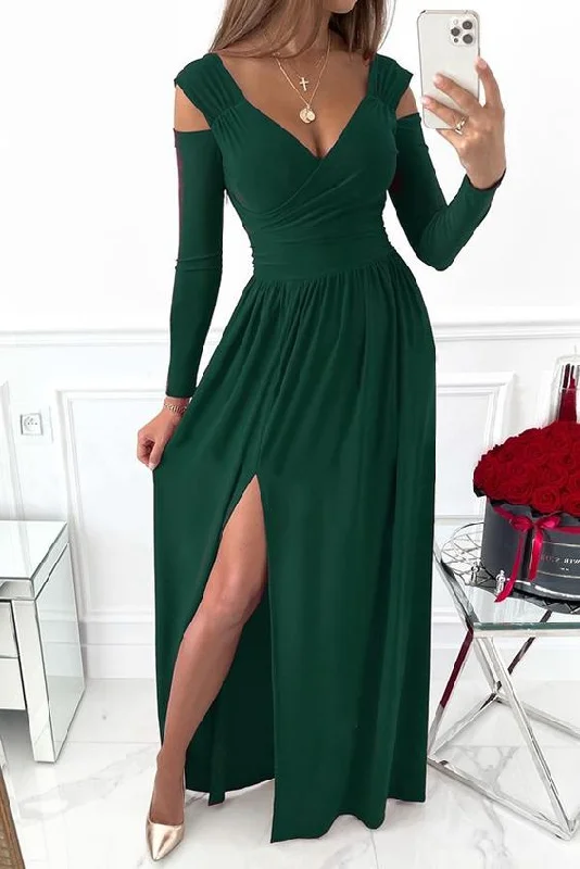 Women’s Evening Dress -Women's Dresses Long Sleeve V-Neck Solid Strapless Split Prom Dress C2319