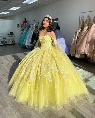 Turquoise Off Shoulder Formal Evening Dress -Yellow Ball Gown Quinceanera Dresses Prom Gowns 3D Flowers Beaded Sweet 15 Party Wear C2257