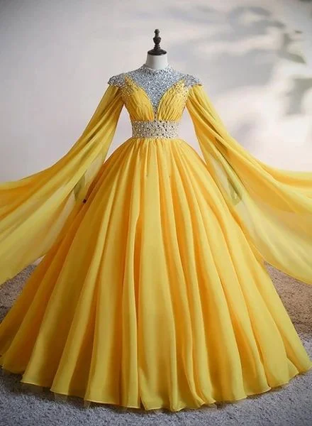 Modern Yellow High Neck Evening Dress -Yellow Chiffon Long Beaded Ball Gown Formal Dress, Yellow Formal Dress, Prom Dress C2133