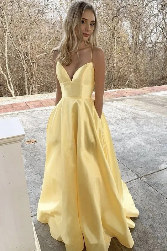 Lavender Short Sleeve Gala Evening Dress -Yellow satin long A line prom dress evening dress C864