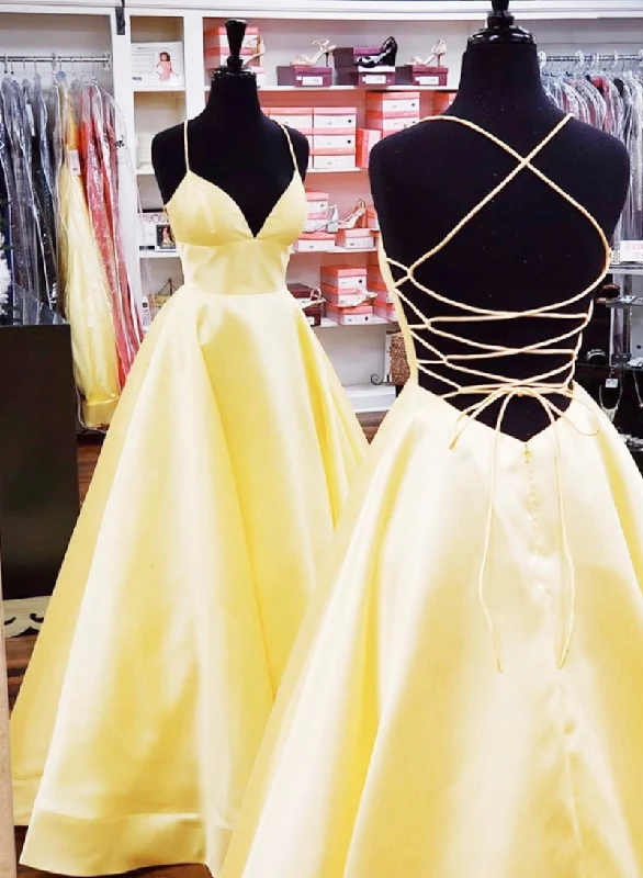 A-Line Yellow Off Shoulder Evening Dress -Yellow satin long prom dress, yellow evening dress  C2138