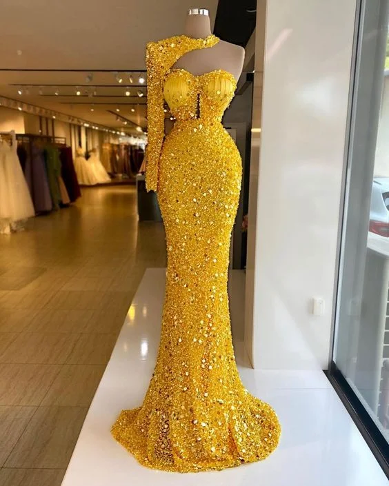 Grey High-End Prom Evening Dress -Yellow sequin mermaid long prom dress, sexy evening dress C1034