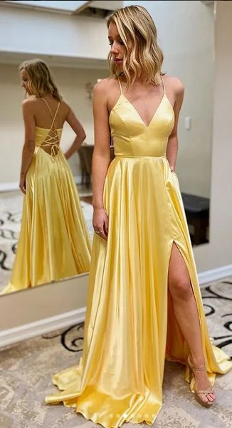 White Modern Lace Evening Dress -Yellow Simple Prom Dress with Lace up back Long Prom Dresses 8th Graduation Dress Formal Dress C69