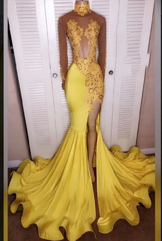 Mermaid Red Evening Dress -Yellow Split Mermaid/Trumpet Long Sleeve Satin Prom Dresses C2289