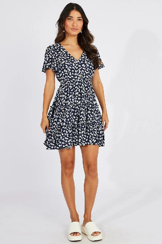 Navy Cotton Mini Dresses -Blue Ditsy Fit And Flare Dress V-neck Mini