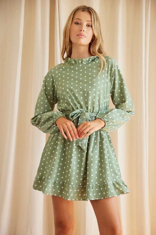 Shift Prom Mini Dresses -Polka Dot Mini Dress Long Sleeve