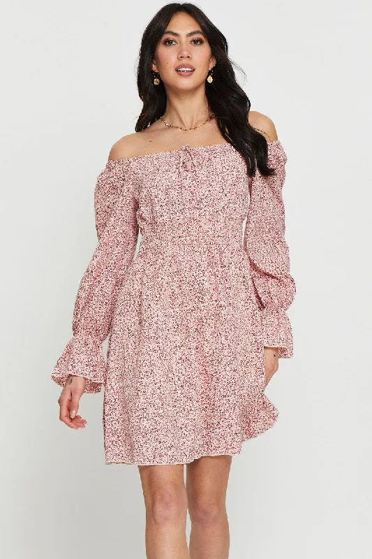 Spring Cotton Mini Dresses -Print Mini Dress Long Sleeve