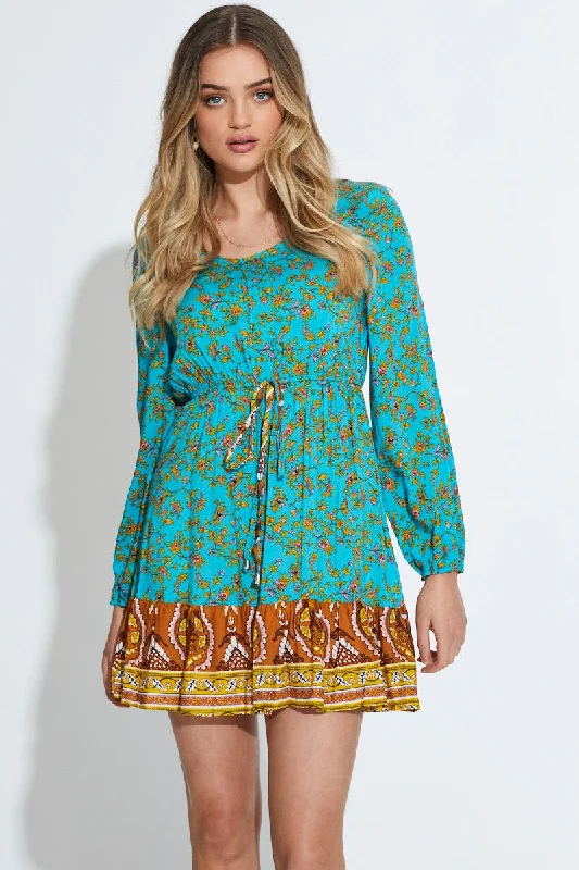 Summer Silk Mini Dresses -Print Mini Dress Long Sleeve V Neck